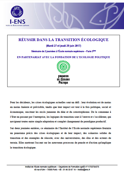 Séminaire FEP – Institut ENS « Réussir dans la transition écologique » – 27 & 29 juin 2017