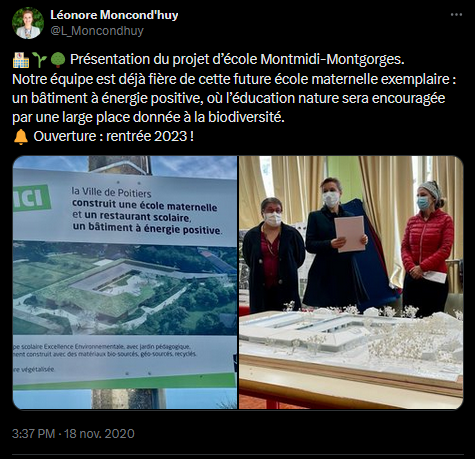 tweet de Léonore Moncond'huy sur projet école à Poitiers